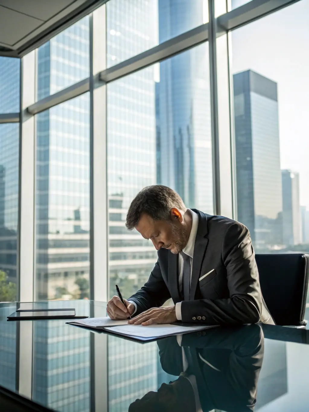 A person confidently signing loan documents at a bank, representing access to better financial opportunities with improved credit.